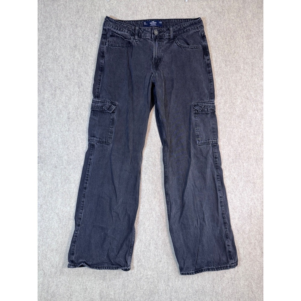 Hollister Low Rise Baggy Cargo Jeans Womens 4R W27 Black Cotton Wide Leg Y2K